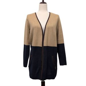 Charter Club Midi Colorblock Equestrian Preppy Sweater Jacket Tan Navy Blue Brow